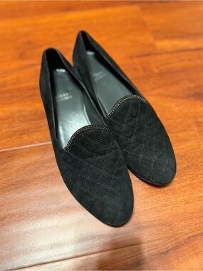 Stuart Weitzman Black Quilted Suede Slip-On Loafers